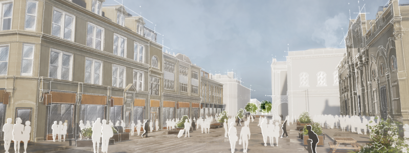 Architectural illustration of a redeveloped town‑centre street with refurbished buildings, open public space, trees, seating areas, and many people walking through the plaza