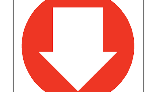 Downward‑pointing white arrow inside a red circle.