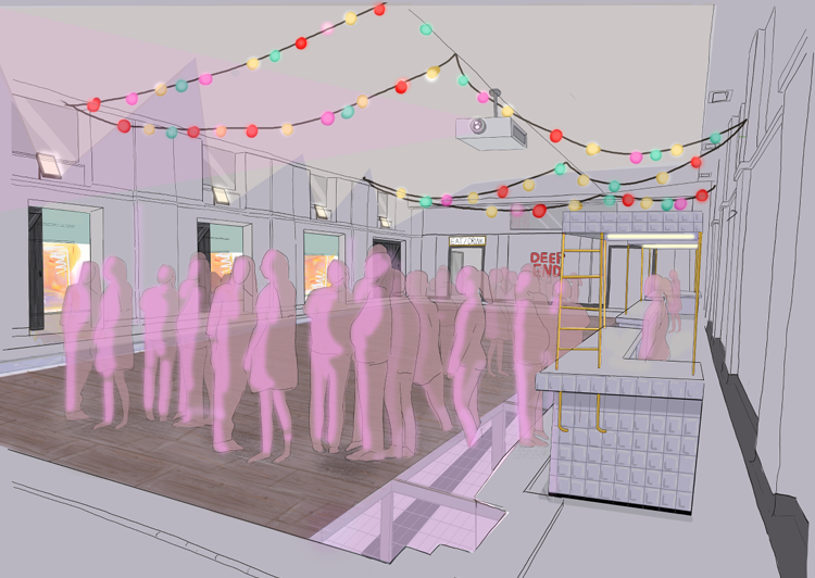 Artists impression of proposed dance floor. Several hum silhouettes.