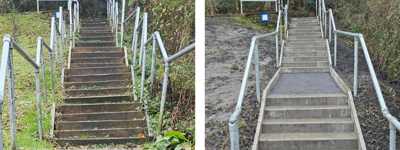 Access steps to Peel Park pictured before and after improvements
