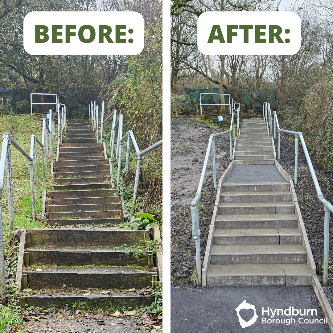 Access steps to Peel Park pictured before and after improvements