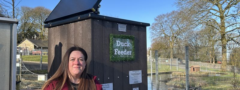 A person standing in front of a composite duck feed dispenser