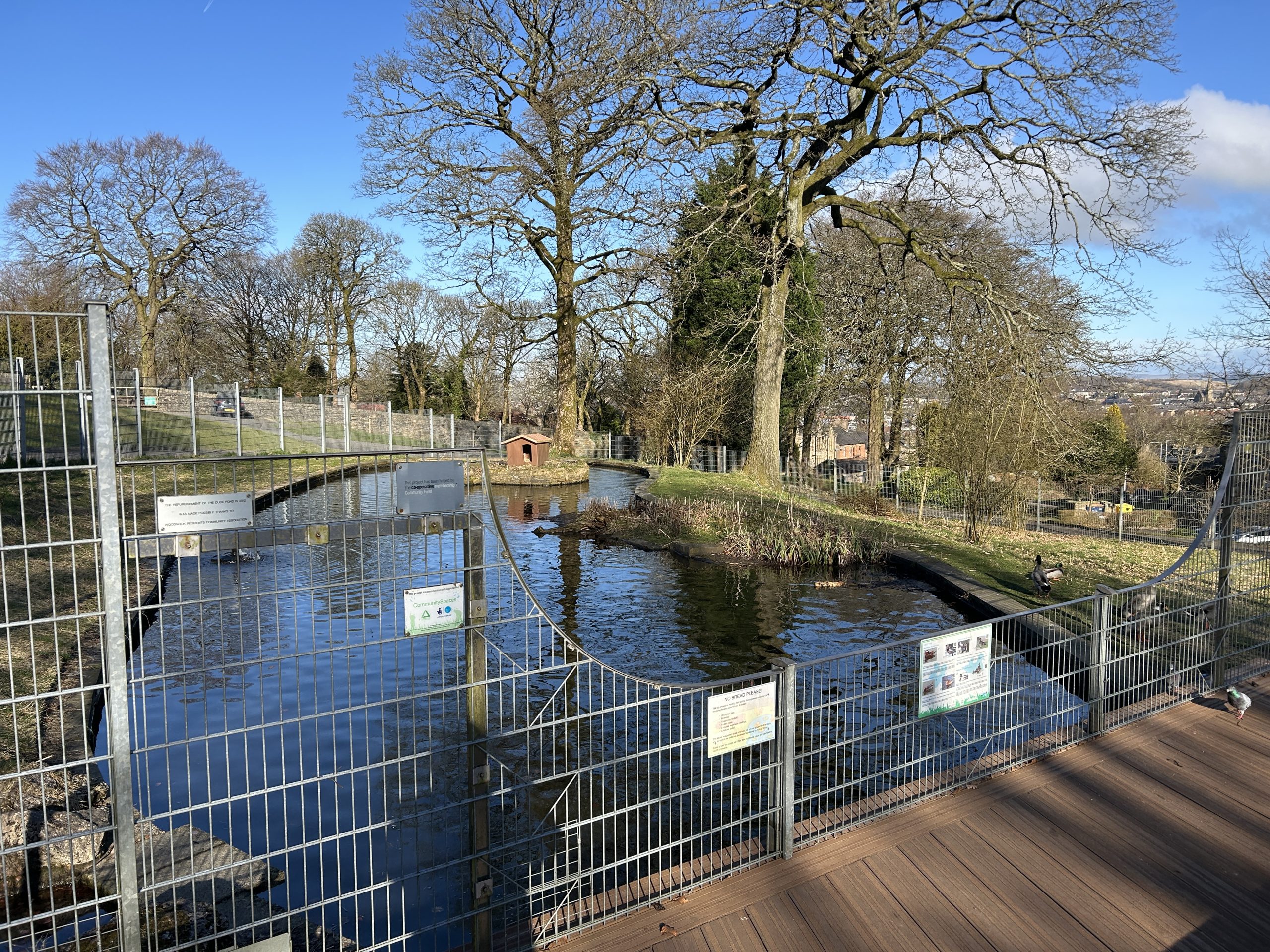 A fenced in pond with trees and grass