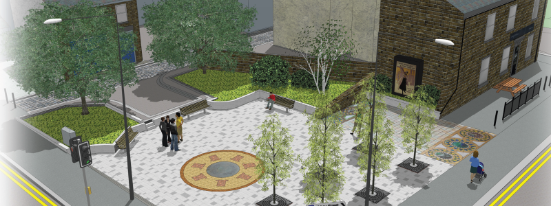 Artists impression of Avenue Parade Gardens. Trees, greenery and patterned paving in view.