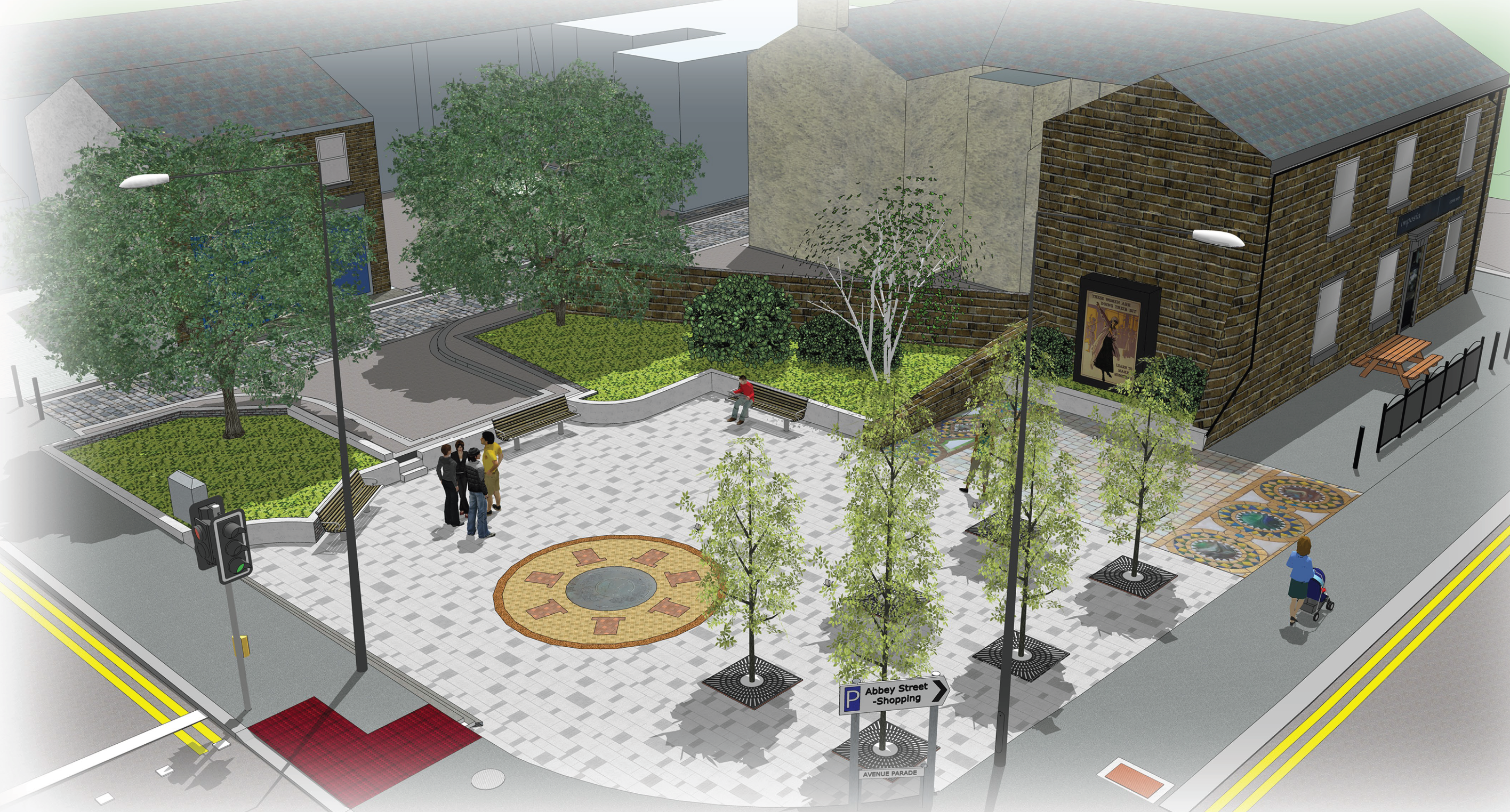 Artists impression of Avenue Parade Gardens. Trees, greenery and patterned paving in view.