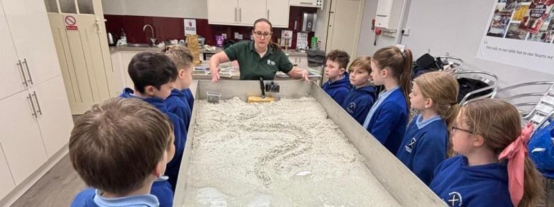 A group of school children stand around a large table holding water and sand.