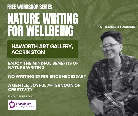 Green background, photo of writer Janelle Hardacre. Text detailing nature workshop