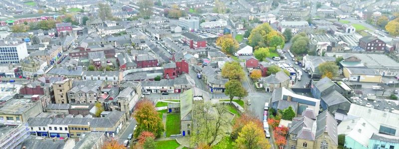drone photo of a town centre