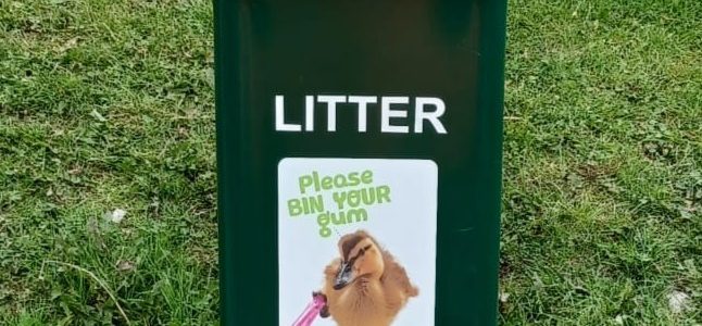 public litter bin by a patch of grass