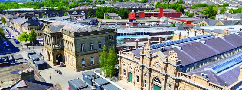 Drone view of 2 large buildings