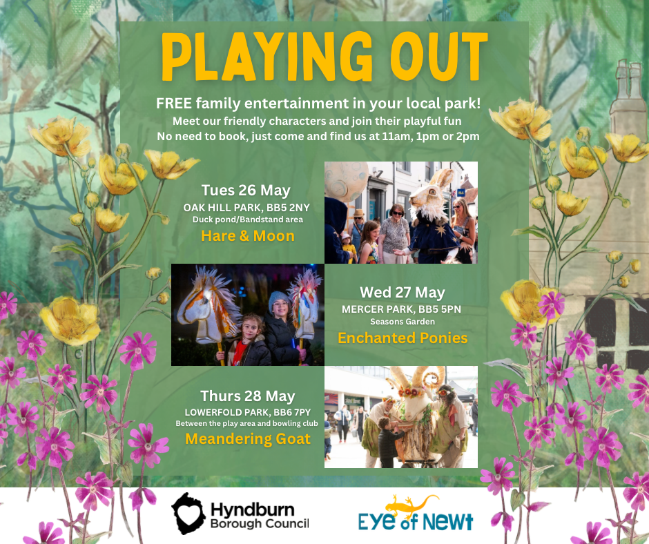 Poster advertising free family park entertainment events with dates, locations, and photos.